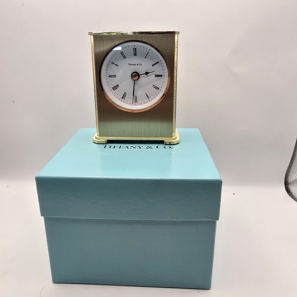 Vintage Tiffany & Co Brass Desktop Clock with Original Box